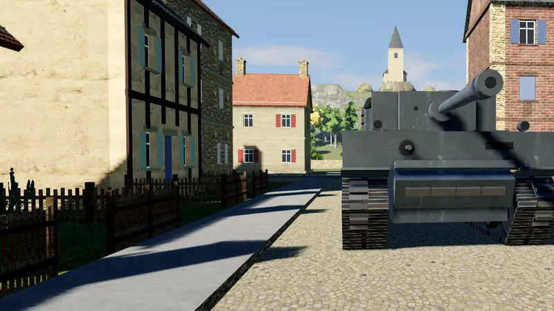 A Tiger I in a street of Le Mesnil-aux-Saules in the game, with the church on the hill behind