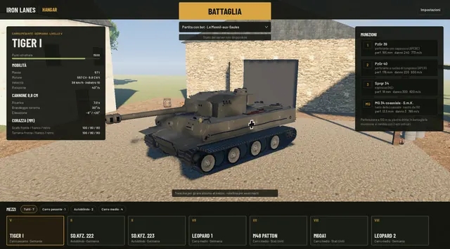 L'hangar del gioco con un carro in mostra e la scelta della battaglia
