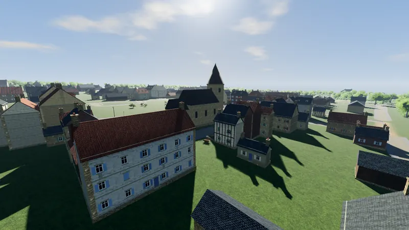 Villers-Bocage from above in the game, with the church and the houses of the centre